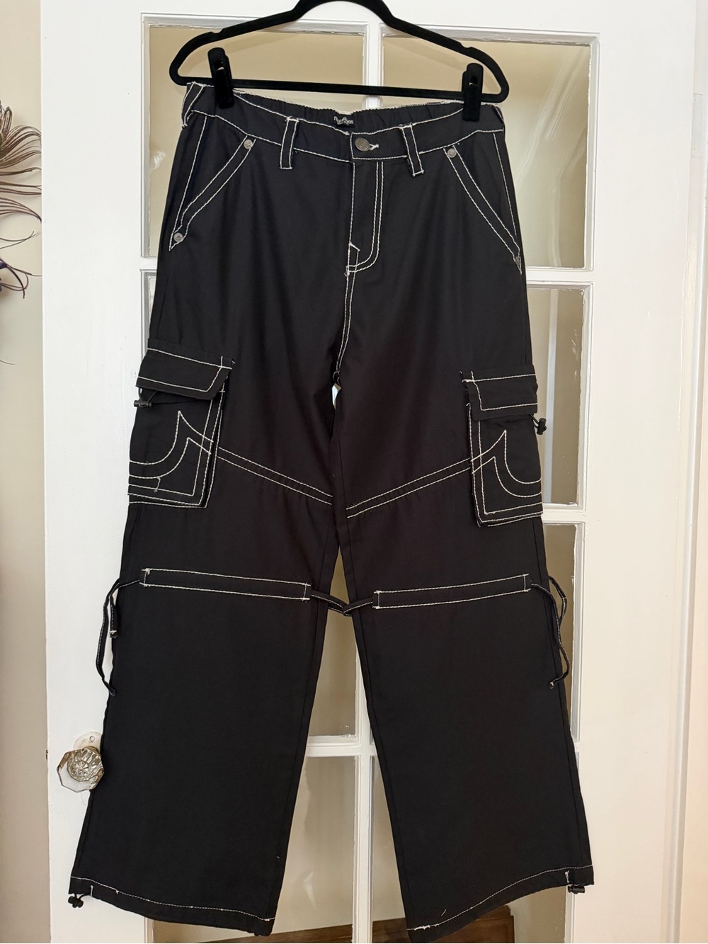 True Religion Black Cargo Pants with White Contrast Stitching